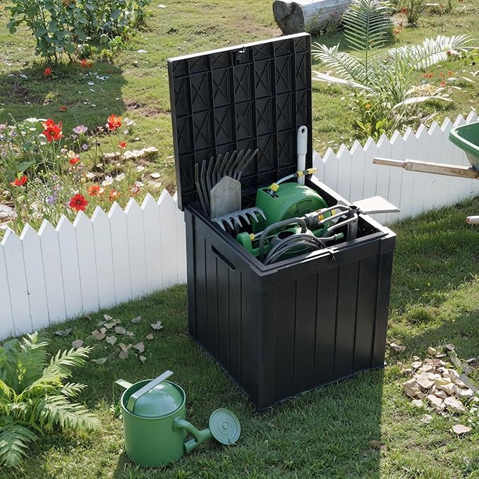 51 Gallon Resin Deck Box, Lockable Patio Outdoor Storage Box for Furniture, Garden Tools and Tools Storage, Waterproof Outside Storage Boxes - Black-VerdiqueGarden