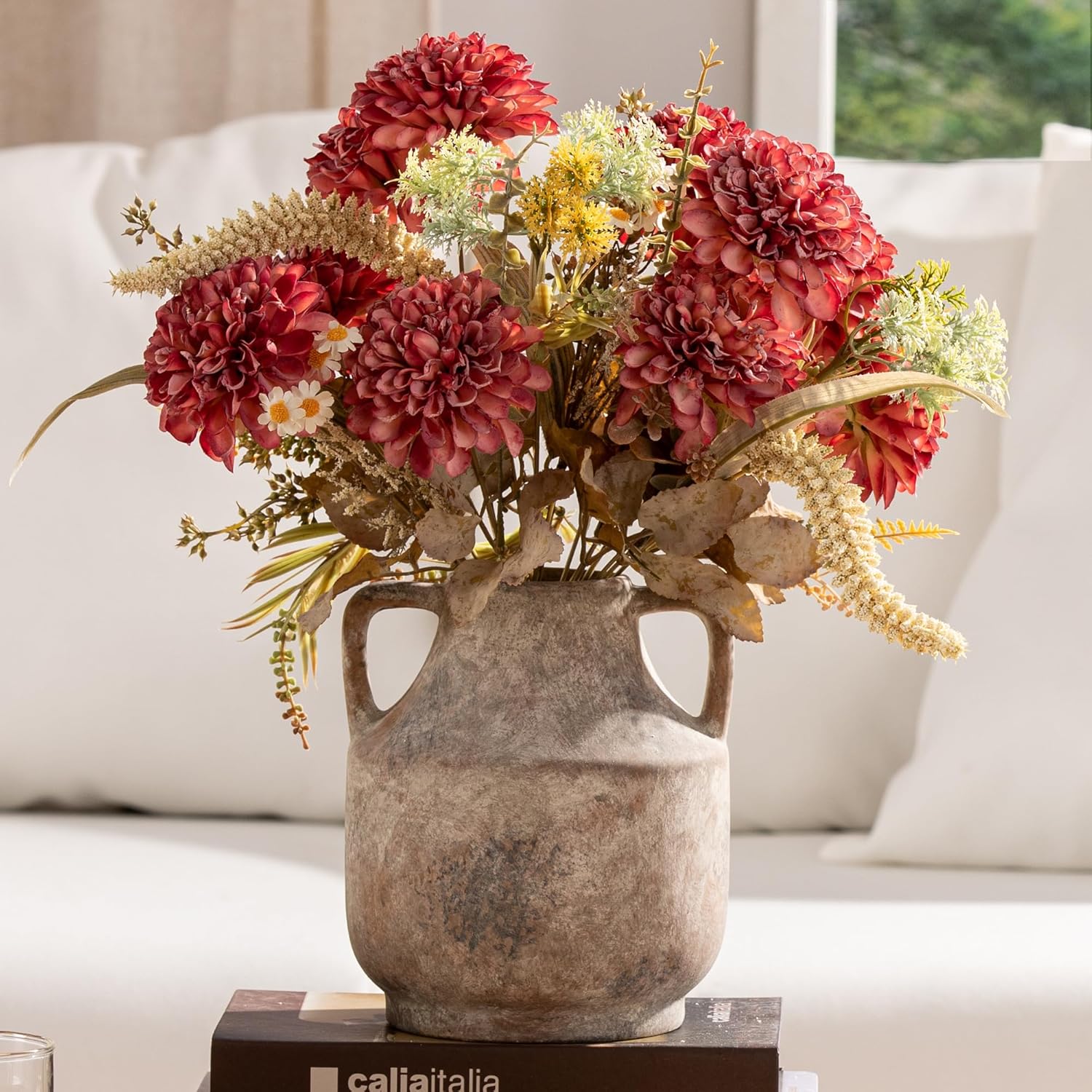 Mitt&Ditt Ceramic Flower Vase with Handles, 8 inch Tall Off-White Vase, Decorative Terracotta Vases, Farmhouse Rustic Pottery Vases for Home Decor, Living Room, Table-VerdiqueGarden