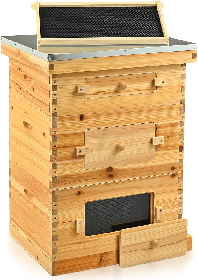 CREWORKS 10 Frame Bee Hive, 3 Layers Beeswax Coated Beehive Starter Kit with Frames & Foundations, Langstroth Bees Hives Box with Transparent Acrylic (Window Medium Box & 2 Deep Boxes)-VerdiqueGarden