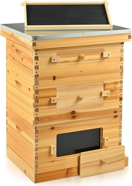 CREWORKS 10 Frame Bee Hive, 3 Layers Beeswax Coated Beehive Starter Kit with Frames & Foundations, Langstroth Bees Hives Box with Transparent Acrylic (Window Medium Box & 2 Deep Boxes)-VerdiqueGarden