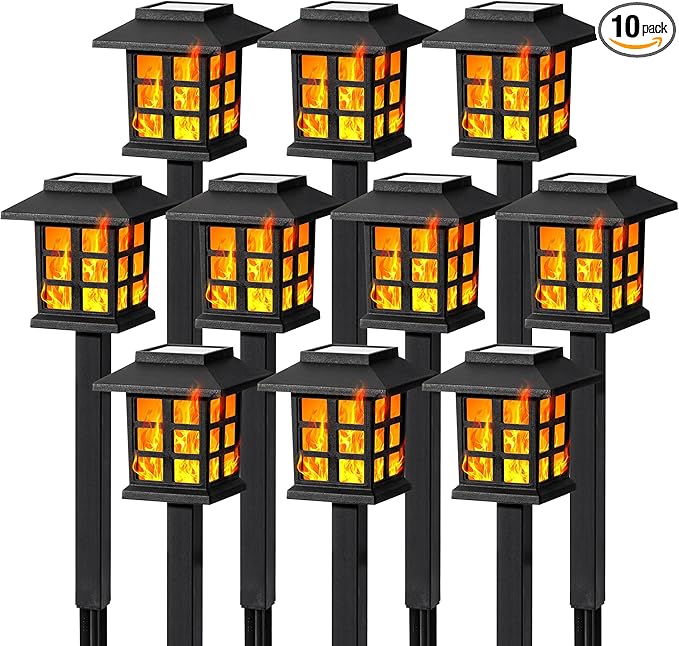GIGALUMI Solar Lights for Outside,10 Pack Flickering Flame LED Solar Outdoor Lights, Waterproof Solar Garden Lights Maintain 10 Hours of Lighting for Christmas, Garden, Landscape, Path, Yard, Patio-VerdiqueGarden