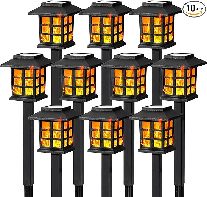GIGALUMI Solar Lights for Outside,10 Pack Flickering Flame LED Solar Outdoor Lights, Waterproof Solar Garden Lights Maintain 10 Hours of Lighting for Christmas, Garden, Landscape, Path, Yard, Patio-VerdiqueGarden