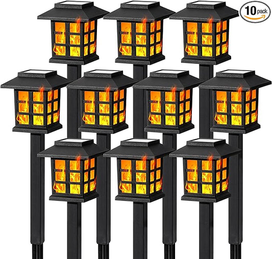 GIGALUMI Solar Lights for Outside,10 Pack Flickering Flame LED Solar Outdoor Lights, Waterproof Solar Garden Lights Maintain 10 Hours of Lighting for Christmas, Garden, Landscape, Path, Yard, Patio-VerdiqueGarden