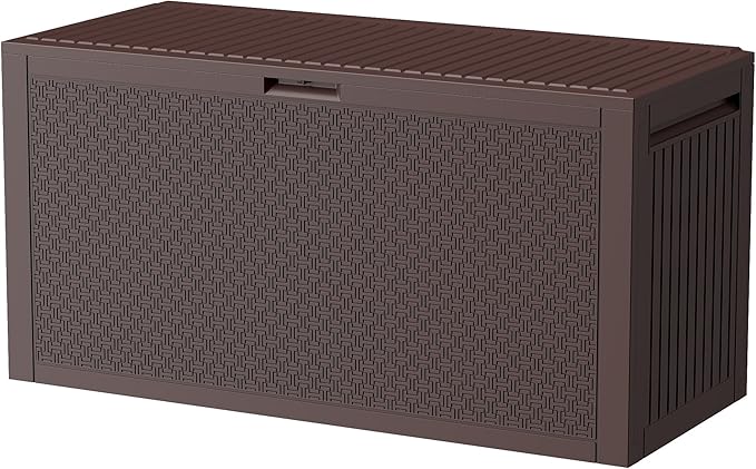90 Gallon Resin Deck Box, Weatherproof Outdoor Storage Box for Patio, Garden, Pool, and Yard, Lockable Waterproof Bin for Tools, Cushions, and Accessories, Brown-VerdiqueGarden