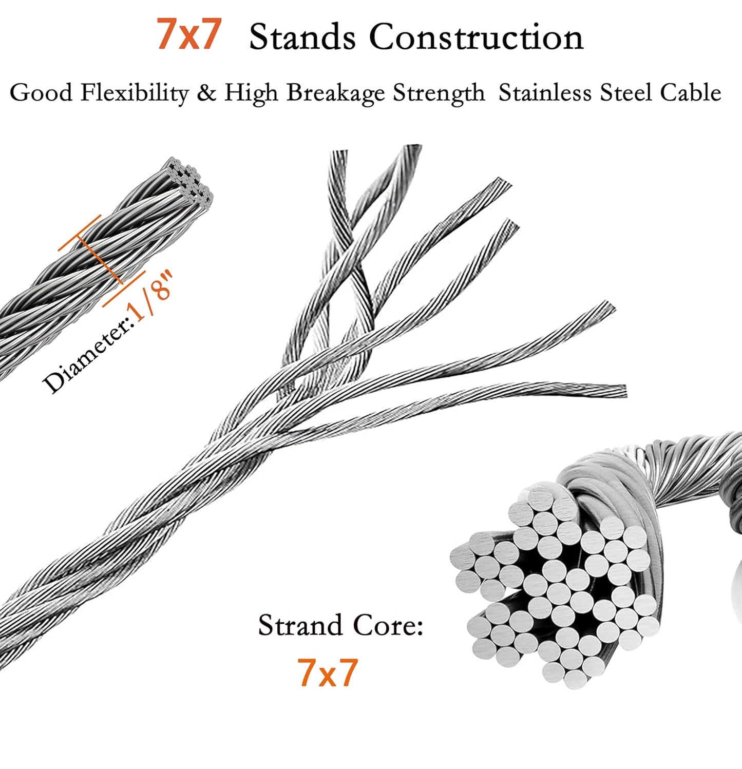 1/8 Inch Stainless Steel Wire Rope Kit, 7x7 Strands, 100 ft Length, With Cable Cutters, Sleeves, Thimbles, Clips, For Climbing Plants, Deck Railing, Fencing, Outdoor Hanging-VerdiqueGarden