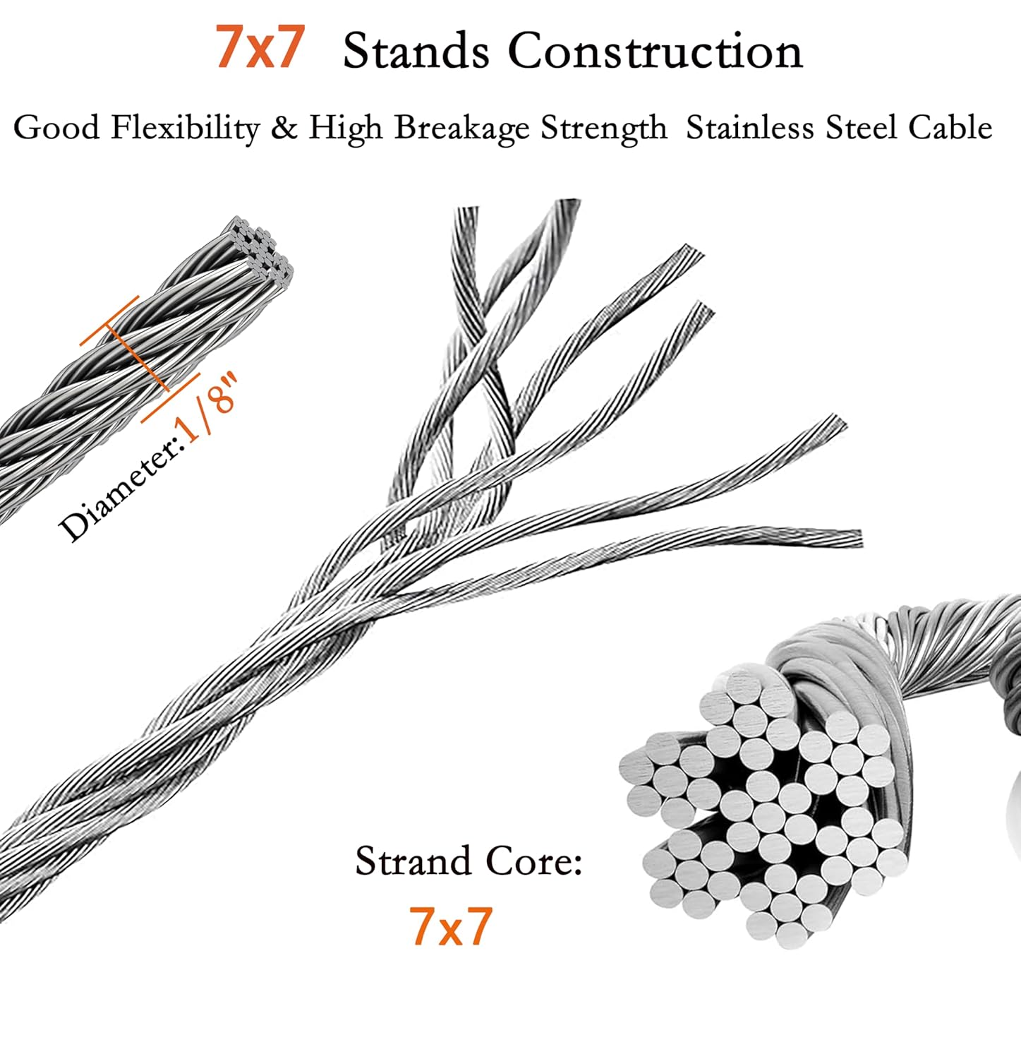 1/8 Inch Stainless Steel Wire Rope Kit, 7x7 Strands, 100 ft Length, With Cable Cutters, Sleeves, Thimbles, Clips, For Climbing Plants, Deck Railing, Fencing, Outdoor Hanging-VerdiqueGarden