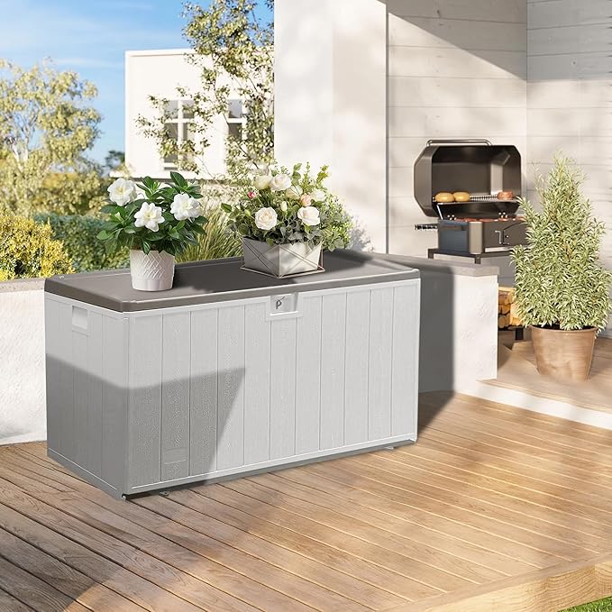 Premium Pro Edition 110 Gallon Lockable Resin Deck Box, Waterproof & UV-Resistant Outdoor Storage Box for Outdoor Cushion Storage, Garden Tools & Pool Accessories Storage, White-VerdiqueGarden