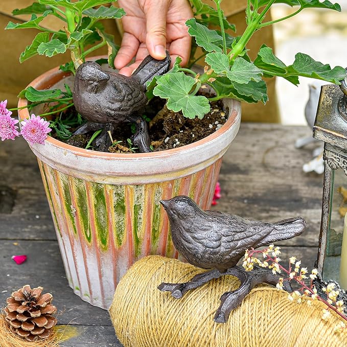 Sungmor Cast Iron Small Bird Statues, Set of 2 Realistic Rust Brown Bird with Branch Collectible Figurines, Farmhouse Home Garden Decorative Sculpture, Indoor and Outdoor Ornaments-VerdiqueGarden