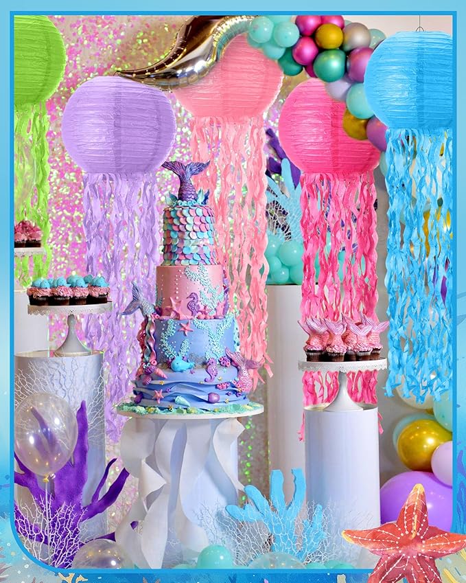 18 Pcs Jellyfish Paper Lanterns Mermaid Birthday Decorations Hanging Lantern Lamps for Ocean Theme Decor Under The Sea Party Supplies-VerdiqueGarden