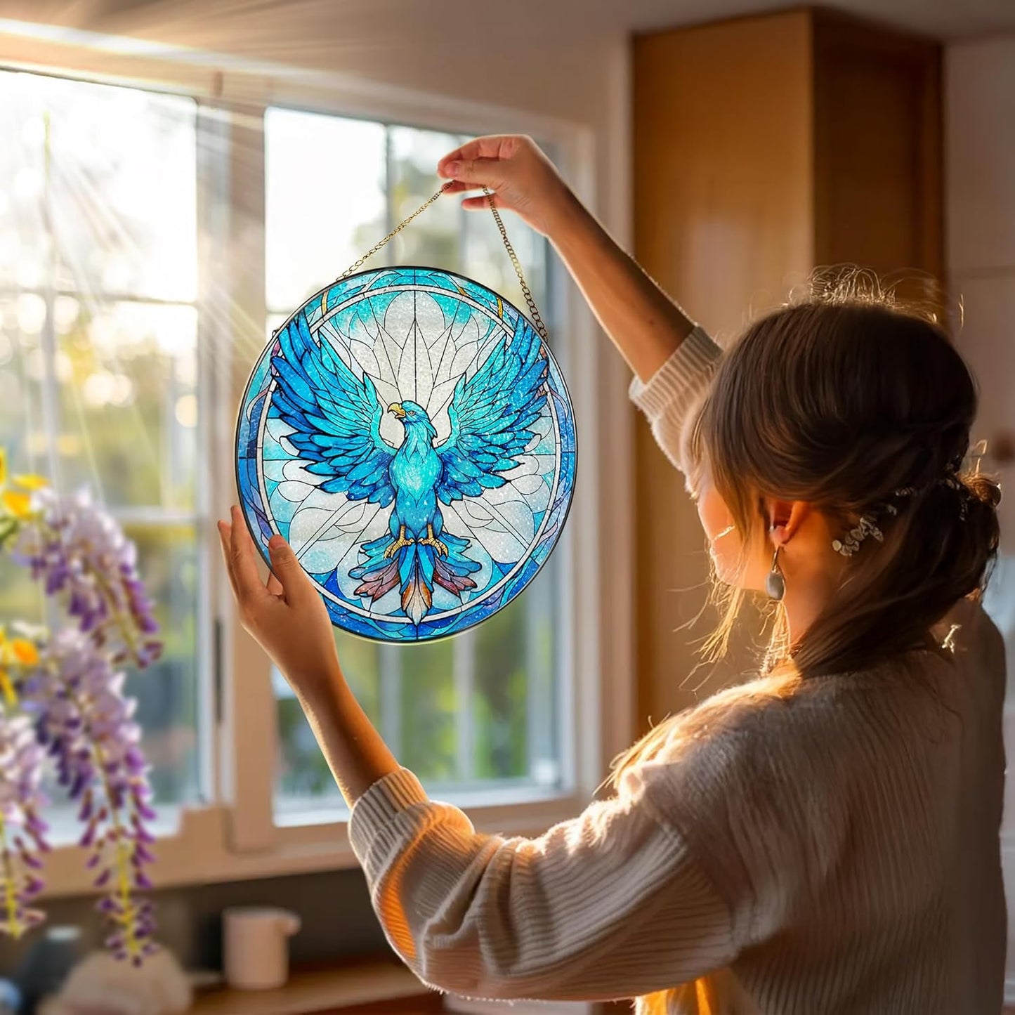 Stained Glass Window Hanging, Stained Glass Suncatcher, Phoenix Sun Catcher, Window Decor, Phoenix Gift, Gifts for Mothers Day, Christmas or Birthday Gift, Gifts for Lover Couple Colleague Friends-VerdiqueGarden