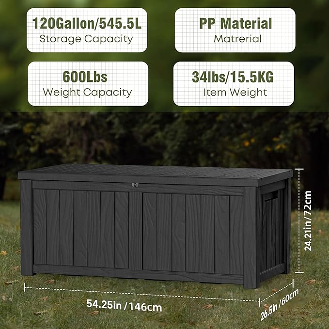 120 Gallon Outdoor Deck Box,Storage Lockable Waterproof Patio Furniture,Garden Tools,Cushions,Pool Accessories Outside Storage Resin Box(Black)-VerdiqueGarden