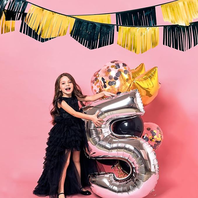 Black and Gold Tassel Banner Double Sided Metallic Fabric Pennant Bunting Flag Garland for Graduation Anniversary Bachelorette Birthday Engagement Wedding Bridal Shower Hen Party Decorations Supplies-VerdiqueGarden