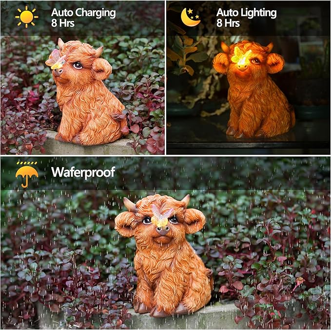 Highland Cow Solar Powered Outdoor Garden Statue, Resin Highland Cow Statue with Solar Light Lantern, Decorative Lawn, Yard Outdoor Highland Cow Decor. Unique home decorations, gifts for women-VerdiqueGarden
