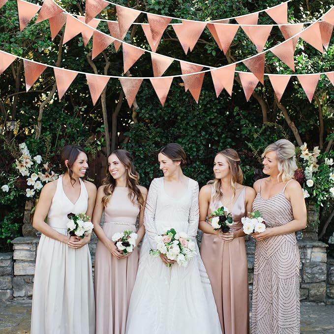 Rose Gold Party Decorations Metallic Fabric Triangle Pennant Banner Blush Pink Flag Bunting Garland for Wedding Birthday Anniversary Bridal Shower Engagement Graduation Hen Party Decorations Supplies-VerdiqueGarden