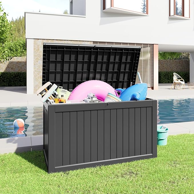 XXL 230 Gallon Large Resin Deck Box, Outdoor Lockable Storage Box for Patio Cushions Storage Furniture, Pool Supplies, Garden Tools, Weatherproof and UV Resistant- Black (230 Gallon)-VerdiqueGarden