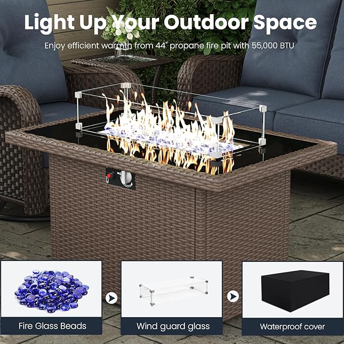 7 Pieces Outdoor Patio Furniture Sets with Rocking Swivel Chairs with 6-inch Thick Cushion and Fire Pit Table for Deck Lawn-VerdiqueGarden