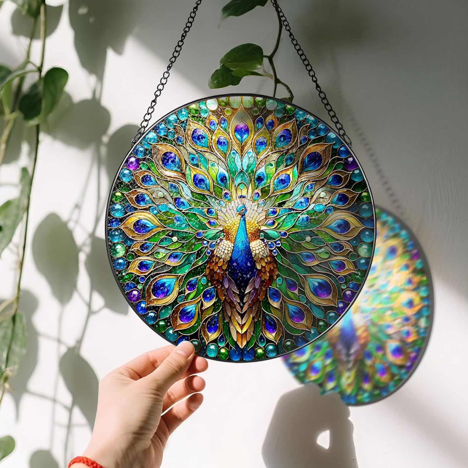 Stained Glass Window Hanging, LAOWEIKI 8'' Peacock Suncatcher, Stained Glass Ornament, Suncatchers for Windows Hanging, Window Decor, Outdoor or Indoor, Gifts for Women, Lovers, Couple, Friend, Bestie-VerdiqueGarden