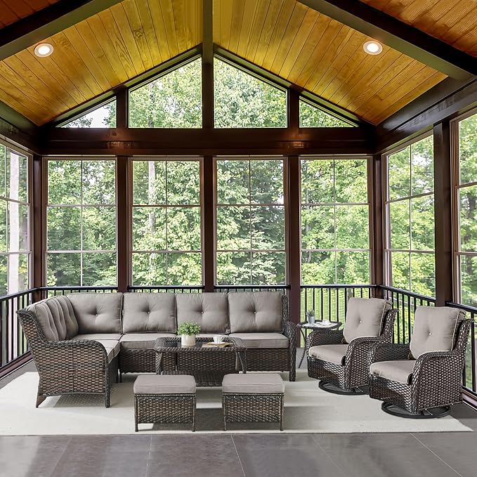 Outdoor Furniture Sectional Sofa L Shaped Couch - Patio Wicker Set with 2 Swivel Glider Chairs, 8 Piece Rattan Patio Conversation Sets with Gray Cushion for Deck Backyard Sunroom Grey Cushion-VerdiqueGarden