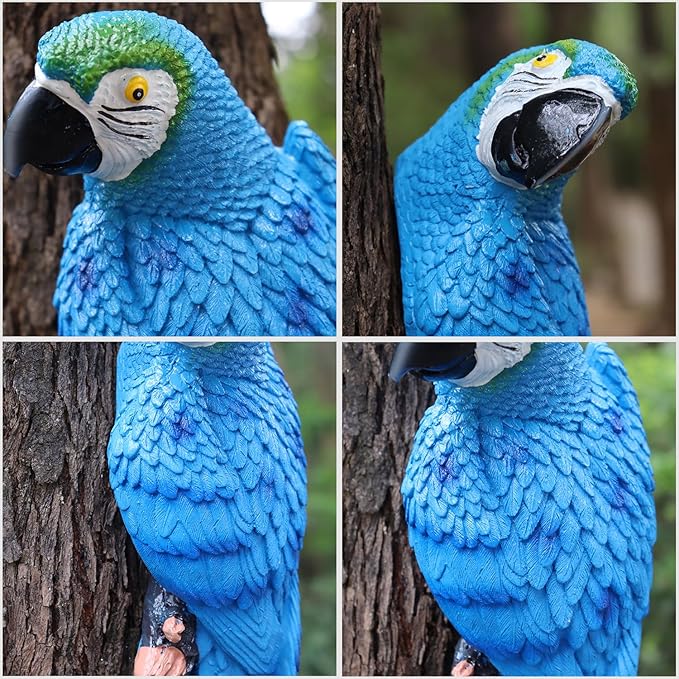 12inch Blue Parrot Tiki Bar Statue for Pool Decorations, Outdoor Parrot Deck Decor, Resin Plastic Parrot Sculpture for Porch, Life Size Tropical Birds for Yard, Tree Faces Animals(Blue)-VerdiqueGarden