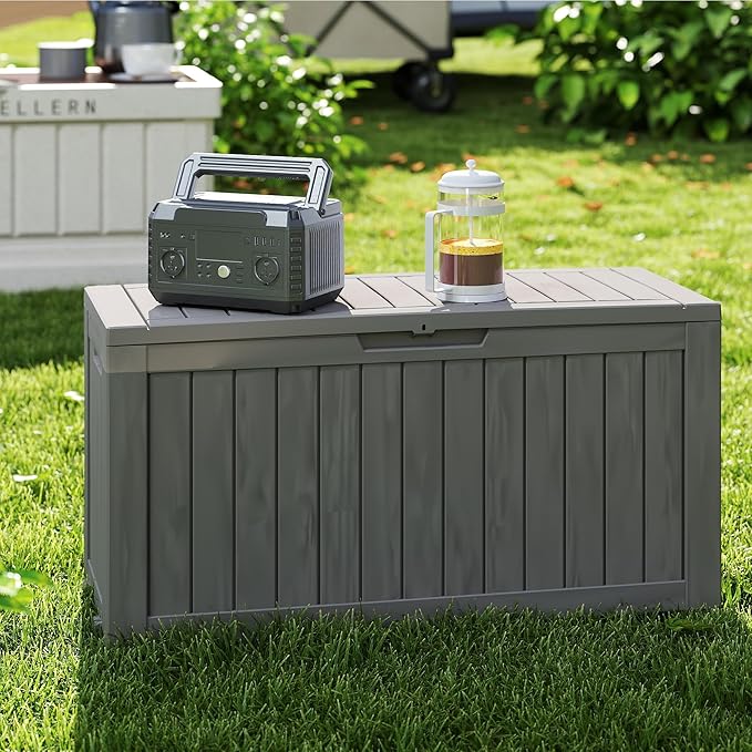 90 Gallon Lockable Resin Deck Box with Wheels, Waterproof & UV-Resistant Outdoor Storage Box for Outdoor Cushion Storage, Garden Tools & Pool Accessories Storage, Gray-VerdiqueGarden