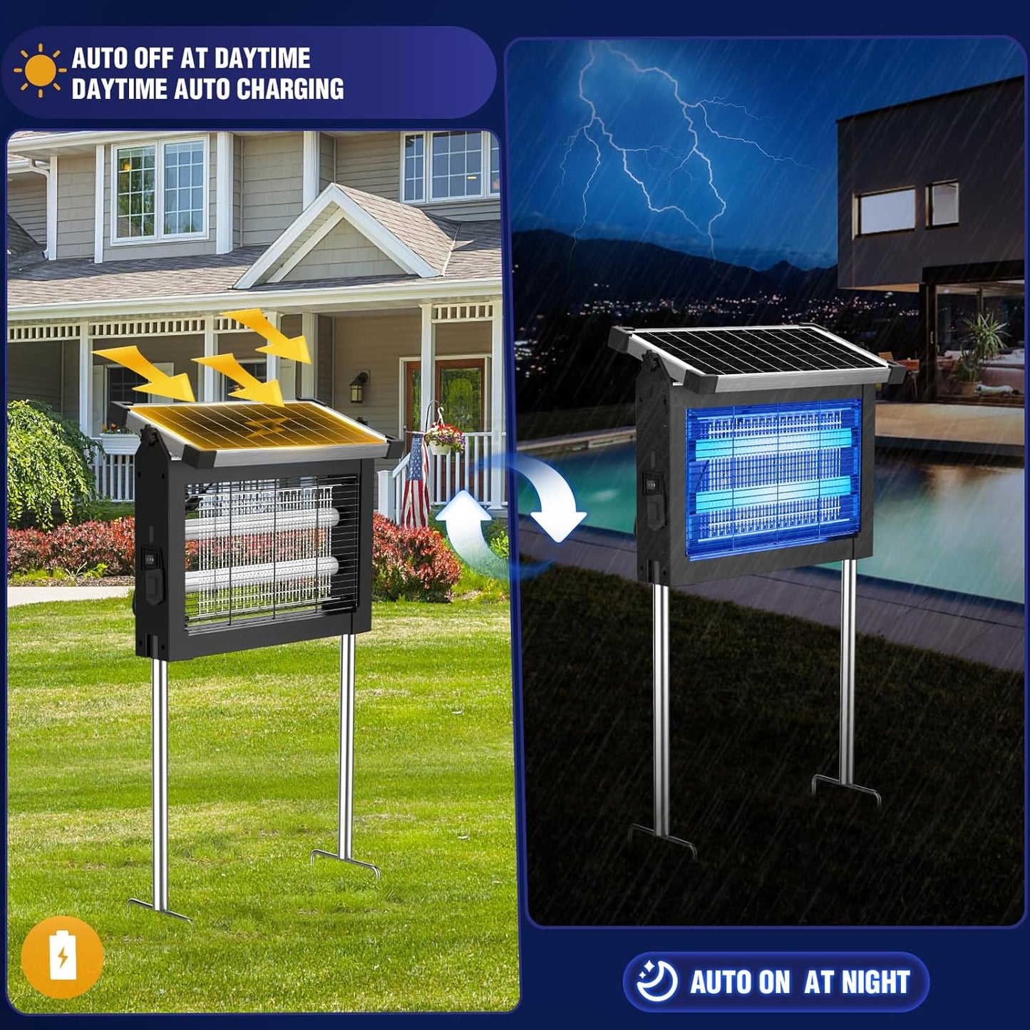 Solar Bug Zapper Outdoor, 4500V Mosquito Zapper Waterproof with Panel Sensor Electric Fly Zapper Rechargeable Mosquito Killer with 10FT Extension Cord, Fly Trap Ideal for Patio, Backyard, Camping-VerdiqueGarden