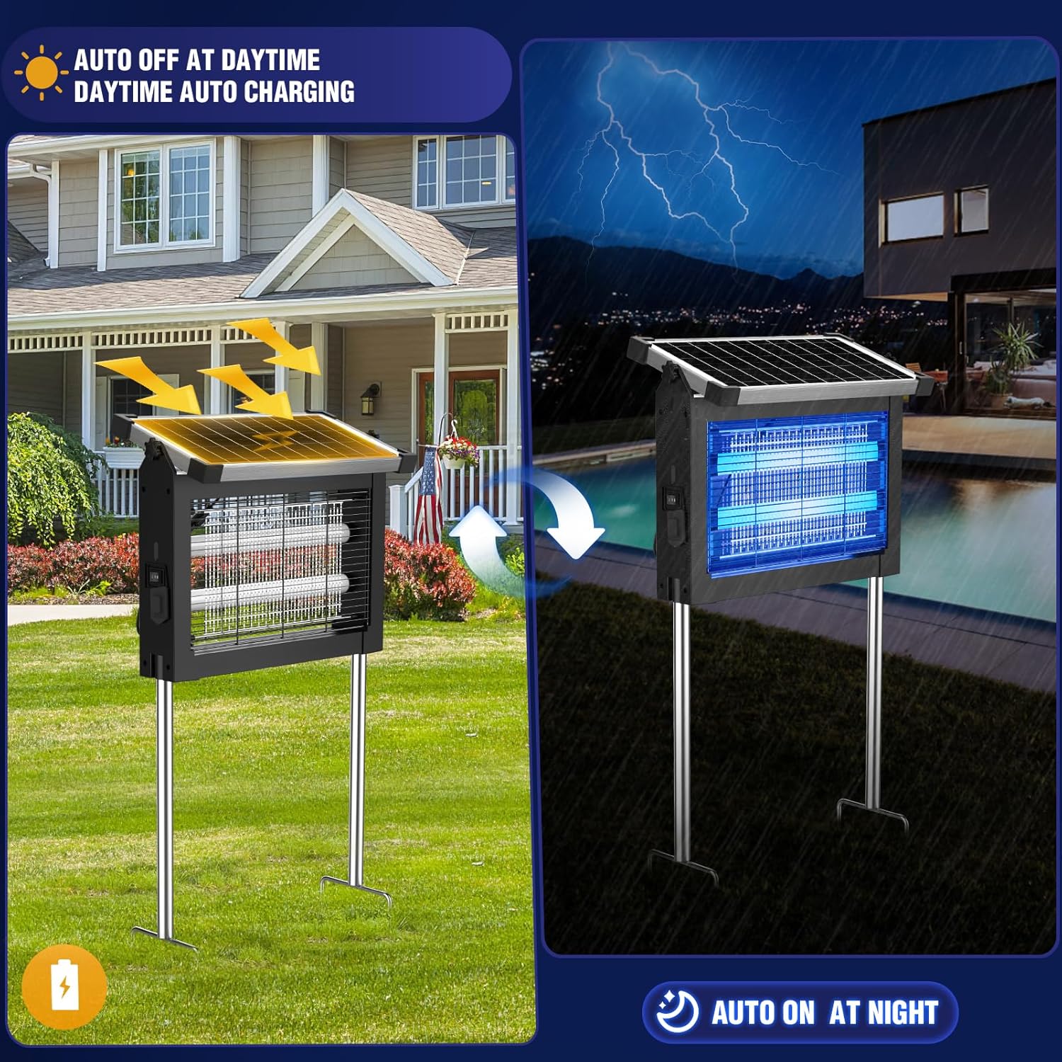 Solar Bug Zapper Outdoor, 4500V Mosquito Zapper Waterproof with Panel Sensor Electric Fly Zapper Rechargeable Mosquito Killer with 10FT Extension Cord, Fly Trap Ideal for Patio, Backyard, Camping-VerdiqueGarden