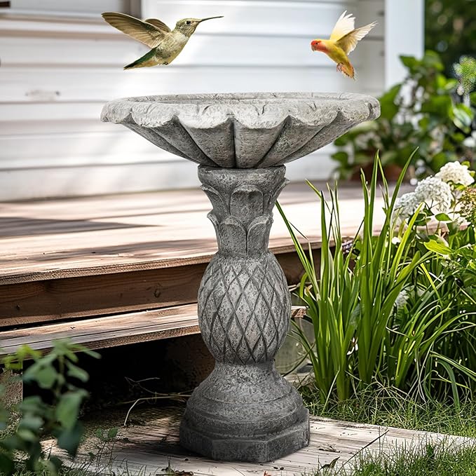 SunJet 24.8 Inch Heigh Concrete Bird Bath with Pineapple Texture – birdbath Sturdy & Elegant Design, Vintage Freestanding Style, Attracts Birds and Enhances Garden, Patio, Yard, Lawn Décor-VerdiqueGarden