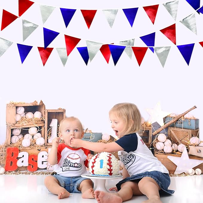 Red Blue Silver Party Decorations Metallic Fabric Triangle Pennant Banner Flag Bunting Garland for Graduations 4th of July American USA National Day Patriotic Veterans Birthday Outdoor Party Supplies-VerdiqueGarden