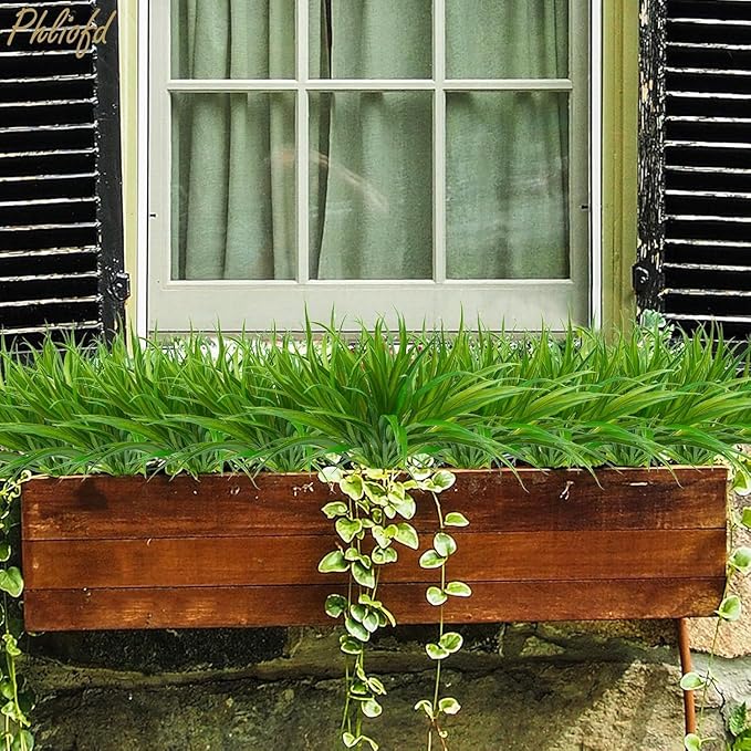 32 Pcs Artificial Grass Fake Plants 17.3in Outdoor Plants UV Resistant Faux Greenery Stems Fake Grass for Home Window Garden Office Patio Pathway Front Porch Halloween Décor Green-VerdiqueGarden