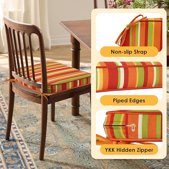 Outdoor Round Corner Seat Cushion, 17"x16"x2", Set of 4, Non Slip Seat Cushion Pads with Removable Cover for Patio Furniture, Garden Yard Lawn, Rainbow Stripe-VerdiqueGarden