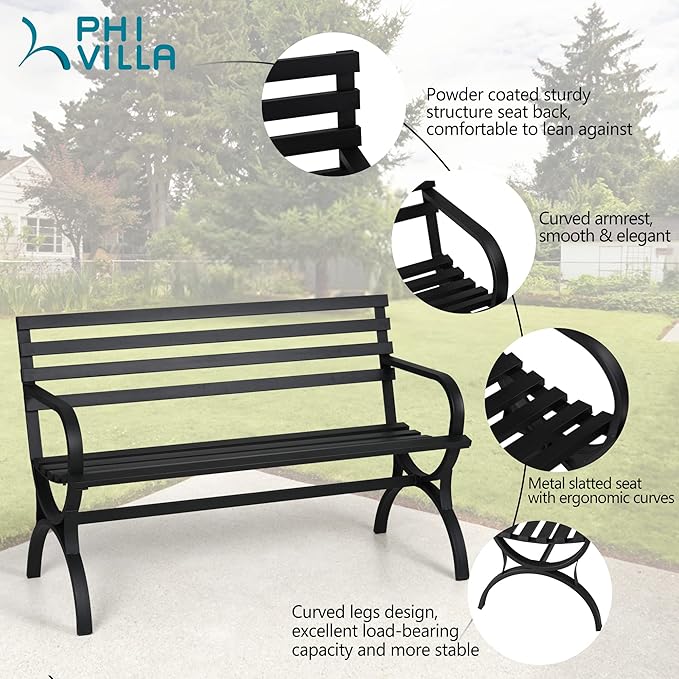 PHI VILLA Outdoor Garden Bench, 48” Long Metal Steel Bench with Backrest and Armrests, Modern Slatted Design for Patio, Lawn, Yard, Porch - Black-VerdiqueGarden