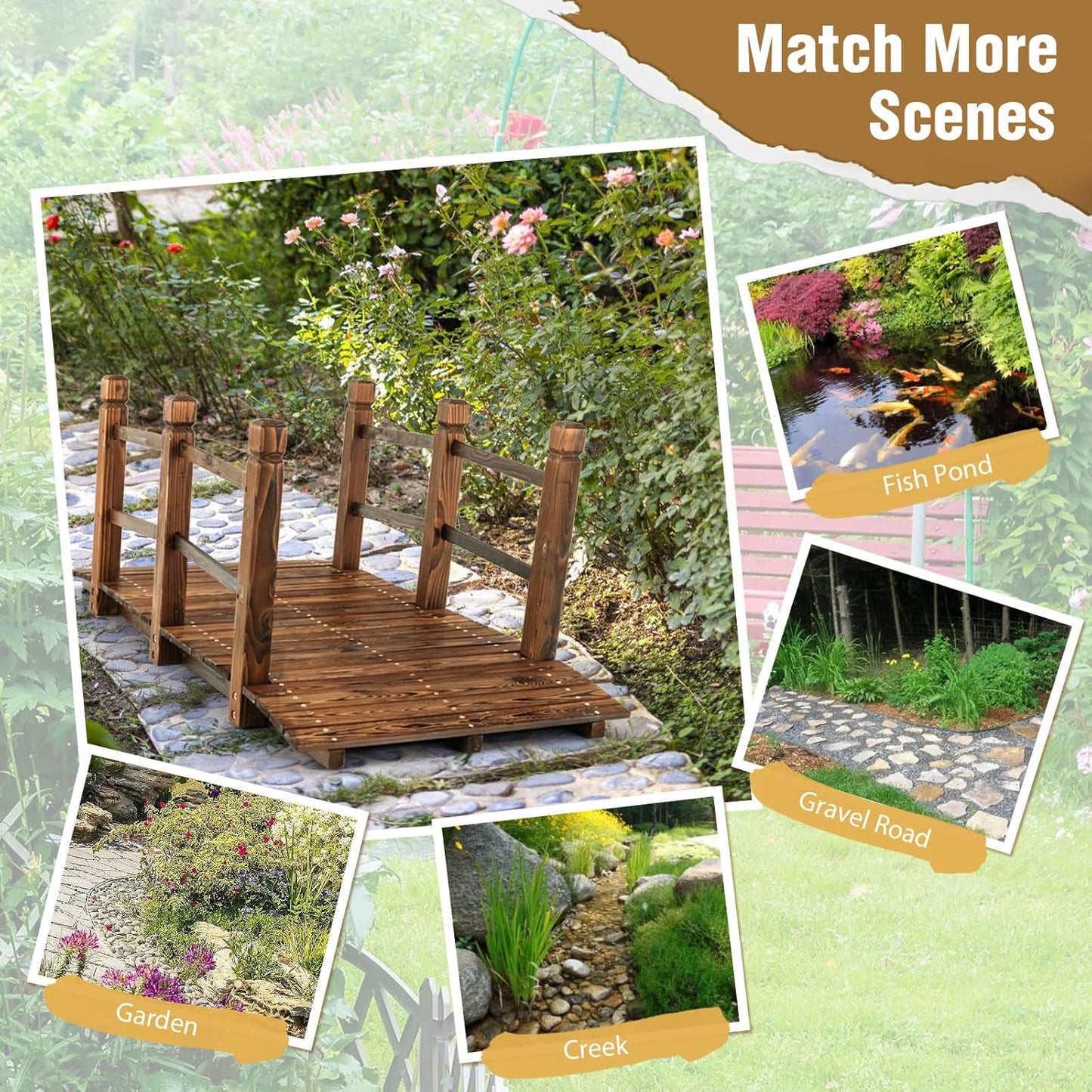 Giantex 5 ft Garden Bridge - Stained Wood Arc Footbridge Walkway with Side Railings, Decorative Wooden Bridge Landscaping for Backyard Farm Garden Creek Pond Decor, Easy to Assemble (Stained Brown)-VerdiqueGarden