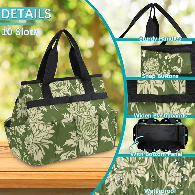 Spring Leaves Gardening Tool Bag,Heavy Duty Garden Tote Bag,Portable Oxford Gardening Storage Basket Organizer Handbag with Pockets Handle,Hand Tools Gifts for Outdoor Garden Lawn Yard-VerdiqueGarden