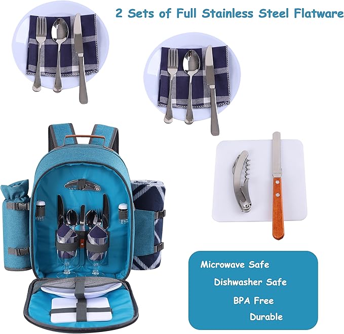 Apollo Walker Picnic Backpack Set for 2 Person with Cooler Compartment, Detachable Bottle/Wine Holder, Fleece Blanket, Plates and Cutlery Set (Teal)-VerdiqueGarden