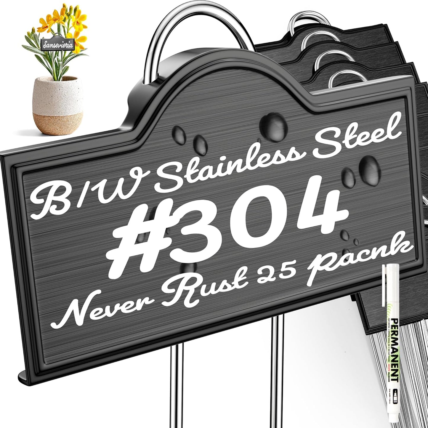 Stainless Steel 304 Plant Labels Weatherproof, Metal Garden Label Tall Markers 25 Pack for Outdoor Plants Vegetables Herb Seedlings Flowers with a Pen, Label Area 3.74'' x 1.39'' Height 10.75 Inch-VerdiqueGarden