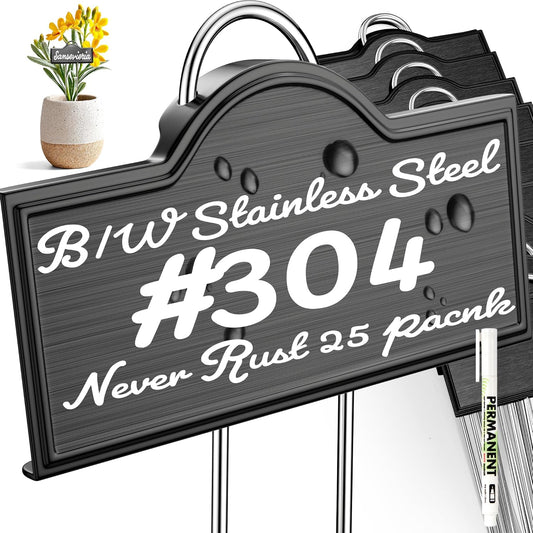 Stainless Steel 304 Plant Labels Weatherproof, Metal Garden Label Tall Markers 25 Pack for Outdoor Plants Vegetables Herb Seedlings Flowers with a Pen, Label Area 3.74'' x 1.39'' Height 10.75 Inch-VerdiqueGarden