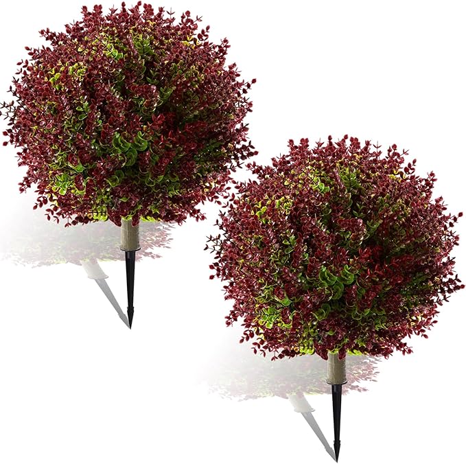 Yunlly 2 Pcs 18 Inch Artificial Boxwood Ball Topiary Tree Fake Outdoor Plants Bush, UV Resistance Faux Shrub with Spike Realistic Greenery Potted for Indoor Garden Yard Porch Patio Decor (Purple Red)-VerdiqueGarden