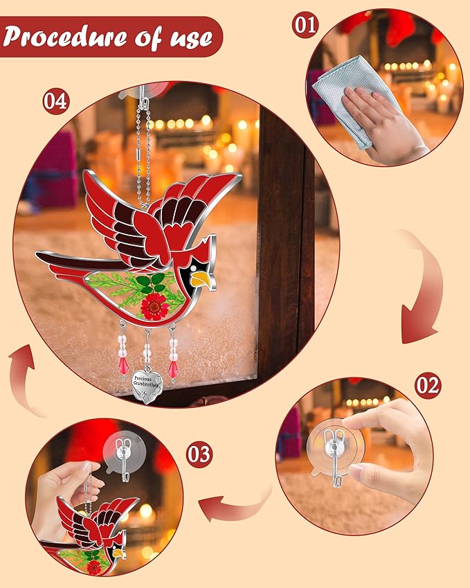 KY&BOSAM Cardinal Suncatcher Precious Grandmother Glass Hanging for Windows Wind Chime Ornament with Pressed Real Flowe and Heart Charm Birthday Gifts for Women Mother's Day Christmas-VerdiqueGarden