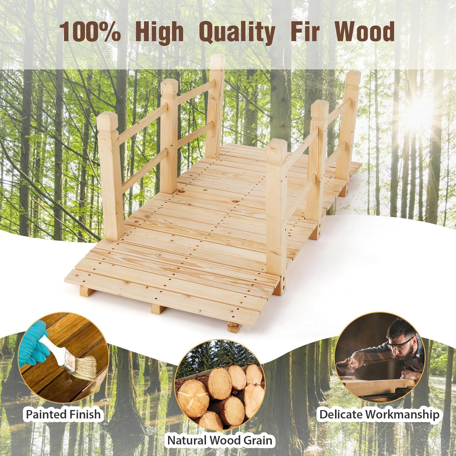 Giantex 5 ft Garden Bridge - Natural Wood Arc Footbridge Walkway with Side Railings, Decorative Wooden Bridge Landscaping for Backyard Farm Garden Creek Pond Decor, Easy to Assemble (Natural)-VerdiqueGarden