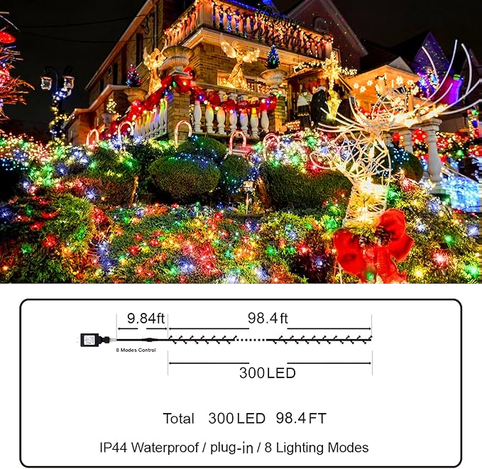 KNONEW Outdoor Christmas Lights 300 LED 99ft String Lights 8 Modes & Time Memory Fairy Light Plug in Waterproof LED String Lights for Xmas Yard Tree Wedding(Multicolor)-VerdiqueGarden