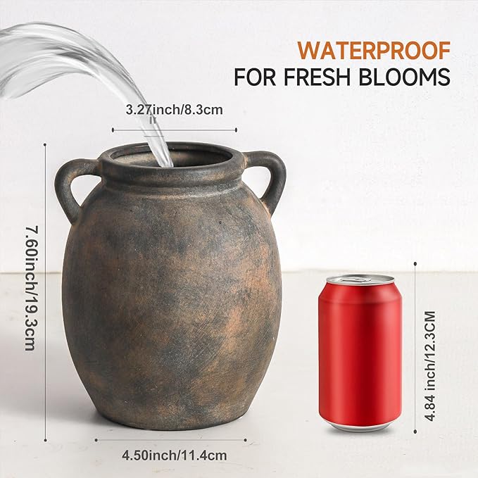 Ceramic Flower Vase 7.6 inch Farmhouse Rustic Vase Decorative Pottery Terracotta Vases for Home Decor Table Mantle Fireplace Living Room Bathroom Wedding Centerpiece (Black)-VerdiqueGarden