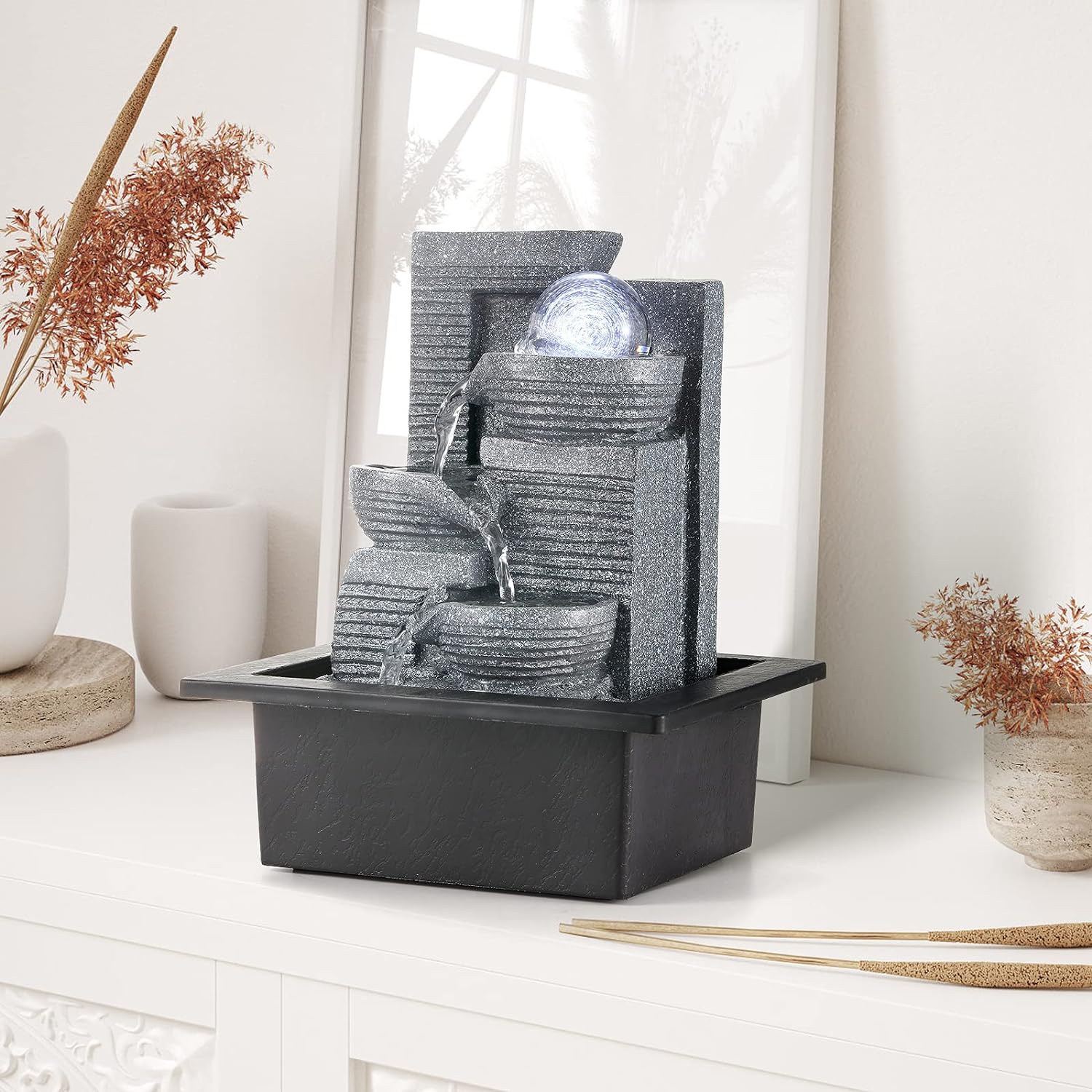 WICHEMI Water Fountains Indoor Waterfall Fountain Tabletop Fountain with LED Light Water Feature Indoor Zen Meditation for Home and Office Indoor Spaces Decor (Style 7)-VerdiqueGarden