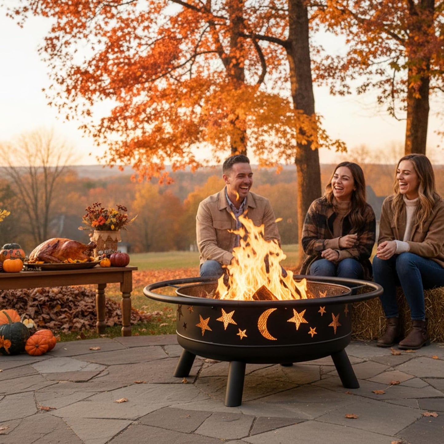 32" Round Wood Burning Fire Pit with Mesh Cover, Fire Poker, Star & Moon Cutouts, Metal Outdoor Firepit for Patio, Backyard, Garden, Bonfire, Camping, Christmas, Thanksgiving, Halloween-VerdiqueGarden