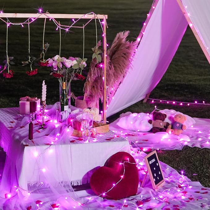 JMEXSUSS Connectable 100 LED Room Lights, 33ft 8 Modes Pink Christmas Lights Clear Wire, Plug in Pink String Lights Indoor Outdoor for Room Decor Christmas Tree Bedroom Valentines Party-VerdiqueGarden