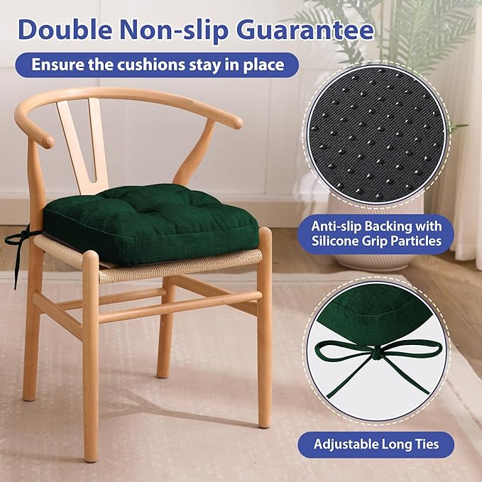 Chair Cushions for Dining Chairs, Dining Chair Cushions, Tufted Indoor Chair Pads with Ties & Non Slip Backing, Seat Cushions for Kitchen Chairs 16.5” x 16.5” x 3.5”, Set of 4, Green-VerdiqueGarden