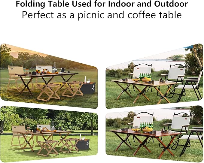 Folding Camping Table, 48Inch Lightweight Roll-Up Table Aluminum Low Portable Picnic Table with Carrying Bag for Outdoor, Beach, Picnic, Backyards, BBQ and Party Walnut Color-VerdiqueGarden