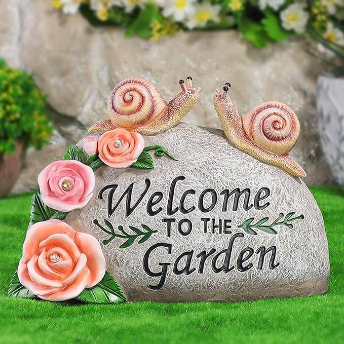 Snail Garden Statue Outdoor Decor Art Solar LED Light Welcome Sign Sculpture Auspicious Snail Resin Figurine Yard Porch Patio Lawn Decorations Housewarming Gifts for Mom Grandma Women-VerdiqueGarden