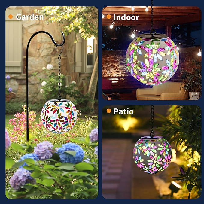 VCUTEKA Hanging Solar Lanterns Mosaic Solar Lights with Hook Up, Outdoor Garden Lights Decor for Yard Tree Fence Patio, Multicolor-VerdiqueGarden