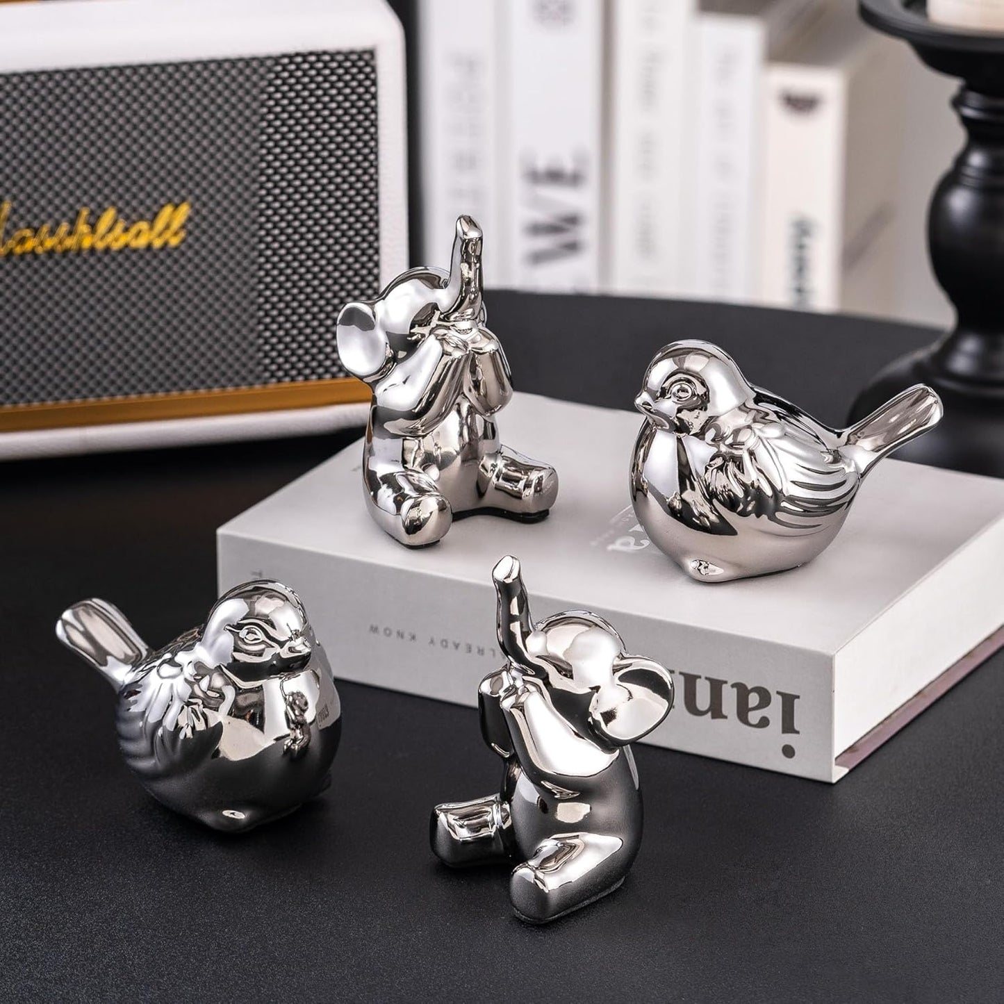 Loving Pair of Small Silver Elephant Statues Silver Home Decor Modern Boho Style Figurine Decorative Ornaments for Living Room, Bedroom, Office Desktop, Cabinets, Shelf-VerdiqueGarden