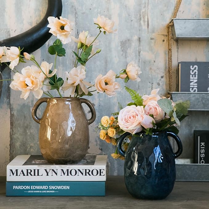 Blue Ceramic Vase with 2 Handles, Modern Farmhouse Decor, Rustic Terracotta Pottery, Decorative Flower Vases, Clay Small Vase, Centerpiece for Dining Table - 7 Inch Tall-VerdiqueGarden